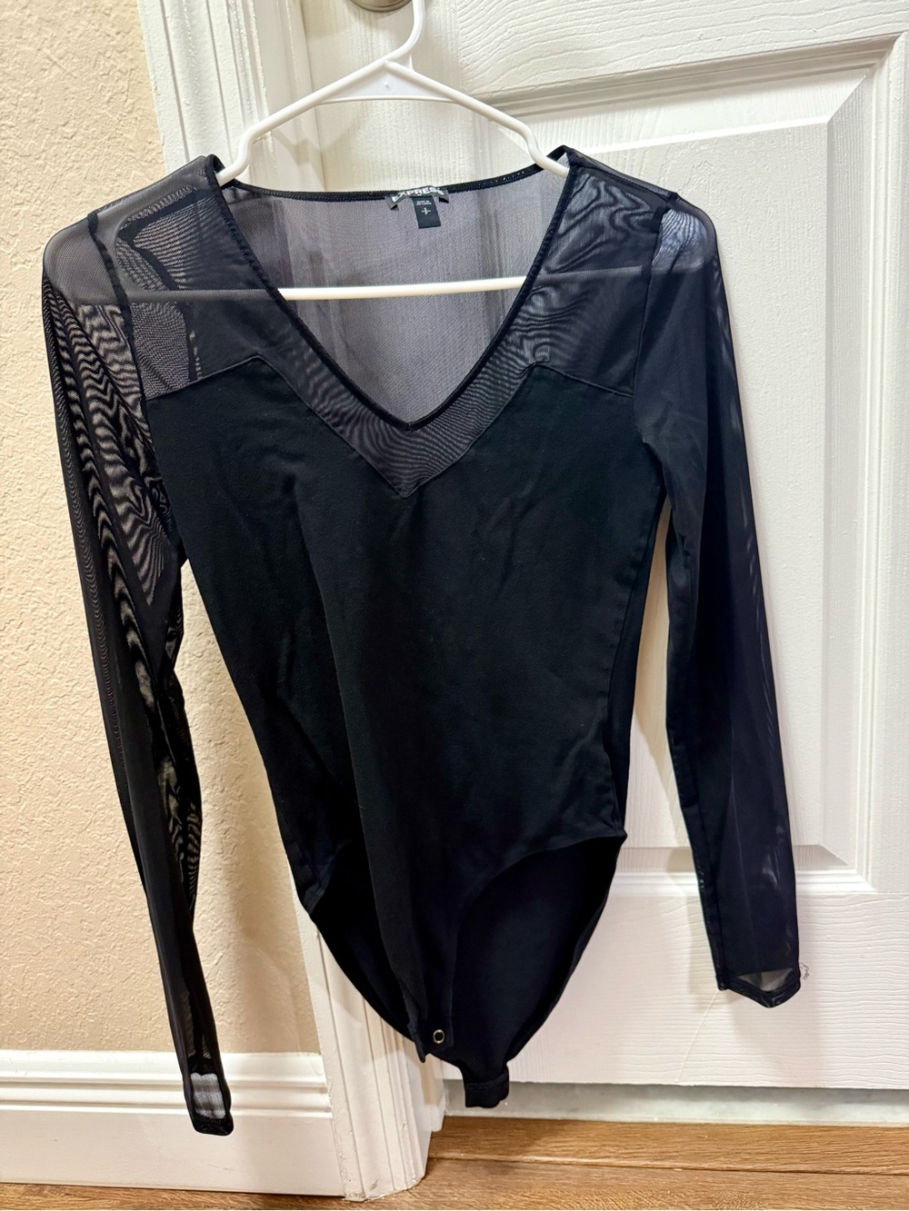 Express Black Sheer-Panel V-Neck Long Sleeve Bodysuit